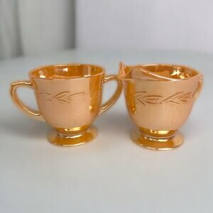 Fire King Peach Lustre Sugar Bowl & Creamer Leaf Set Anchor Hocking Vintage